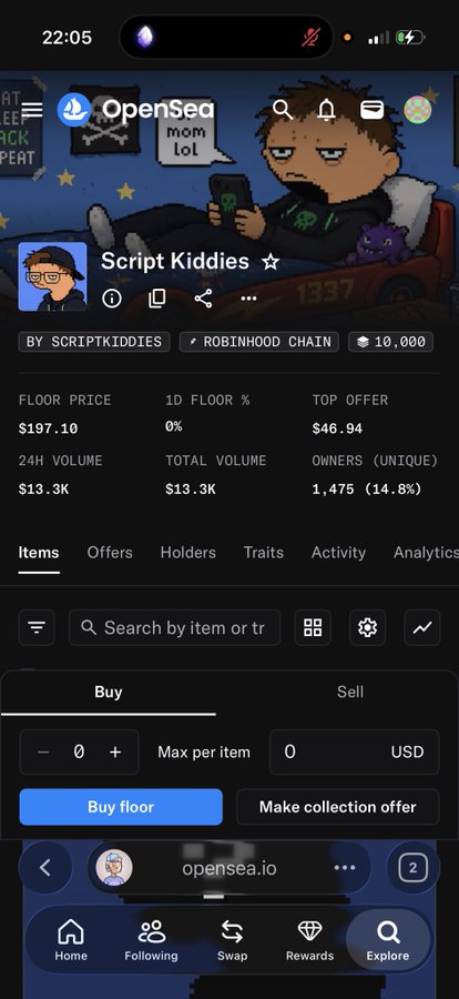 An OpenSea NFT collection page on Robinhood Chain called "Script Kiddies" with a floor price of $197.10, 24H volume of $13.3K, and 1,475 unique owners (14.8%).
