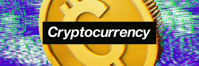 A graphic showing a large golden Bitcoin coin against a glitchy, distorted background with the word 'Cryptocurrency' in a black banner across the center.