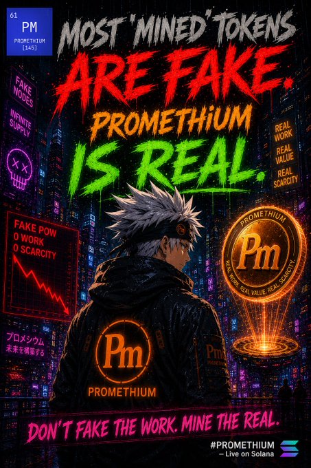 A neon-style poster for 'Promethium (Pm)' crypto token stating 'MOST "MINED" TOKENS ARE FAKE. PROMETHIUM IS REAL.' with the tagline 'DON'T FAKE THE WORK. MINE THE REAL.' and 'Live on Solana'.
