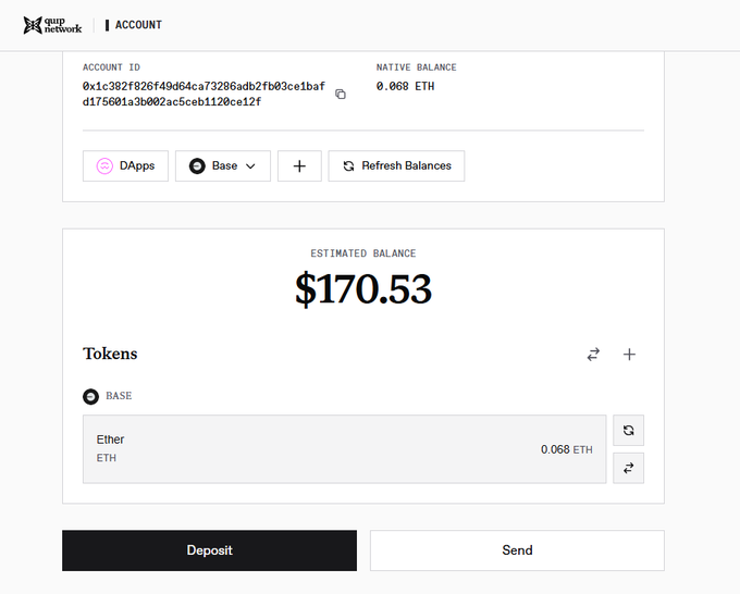 A digital wallet interface displays an account with '0.068 ETH' and an estimated balance of '$170.53', showing options for 'Deposit' and 'Send'.