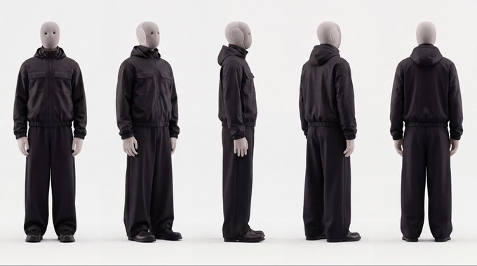 Five mannequins displayed in a 360-degree rotation wear a matching black hooded tracksuit, shown from front, side, and back views against a white background. The image serves as a product showcase of the new outfit ("threads") being adopted, with the post's reference to "NEO" and "the homie" playfully framing the gear change as a fresh, stylistic upgrade.