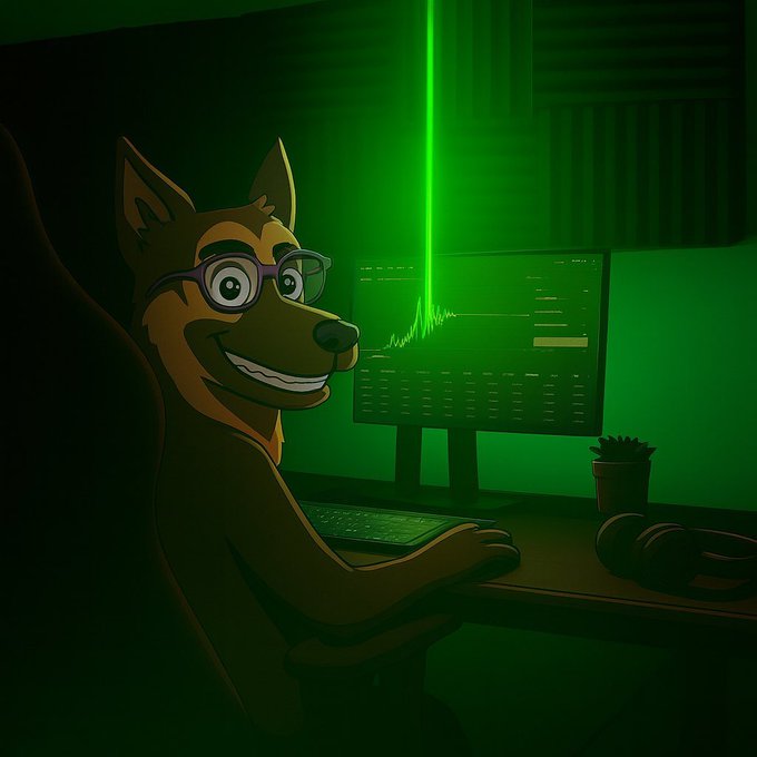 An anthropomorphic dog wearing glasses sits at a desk in a green-lit room, smiling confidently while looking back from a computer monitor displaying trading charts and data, with a small potted plant and dumbbell nearby—visually embodying the "$HUND" meme coin's bullish enthusiasm and readiness for a market rally.