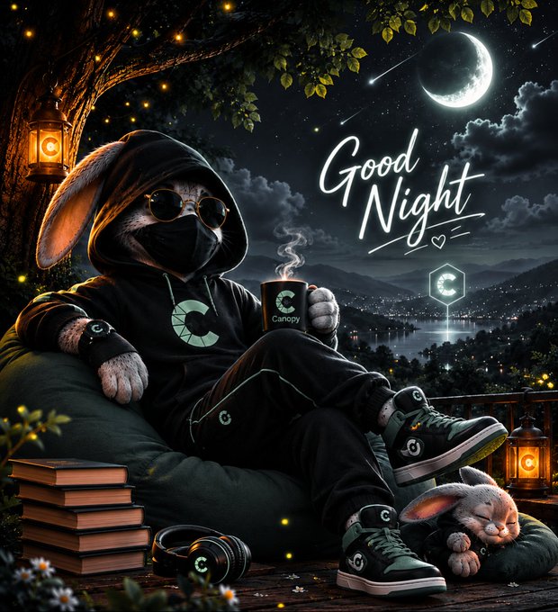 A 'Good Night' digital illustration featuring a rabbit character wearing a black hoodie, sunglasses, and face mask, lounging with a steaming cup branded 'Canopy', with a sleeping bunny beside it under a moonlit sky.