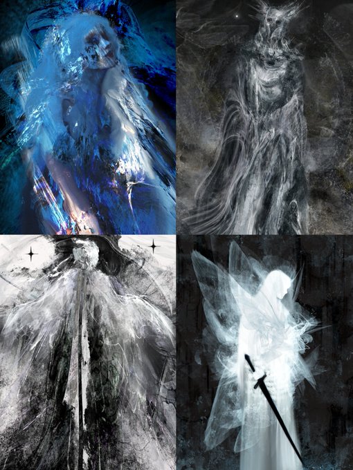 A four-panel collage of ethereal, ghost-like fantasy figures, featuring one with blue crystalline wings, a dark horned entity, and two white spectral beings wielding swords.