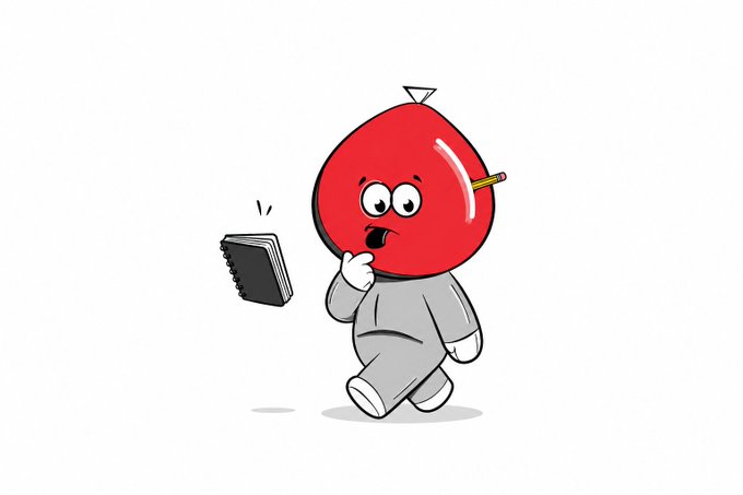 A cartoon illustration of a red round character with a pencil stuck in its head, wearing a grey tracksuit and running while dropping a small black notebook.