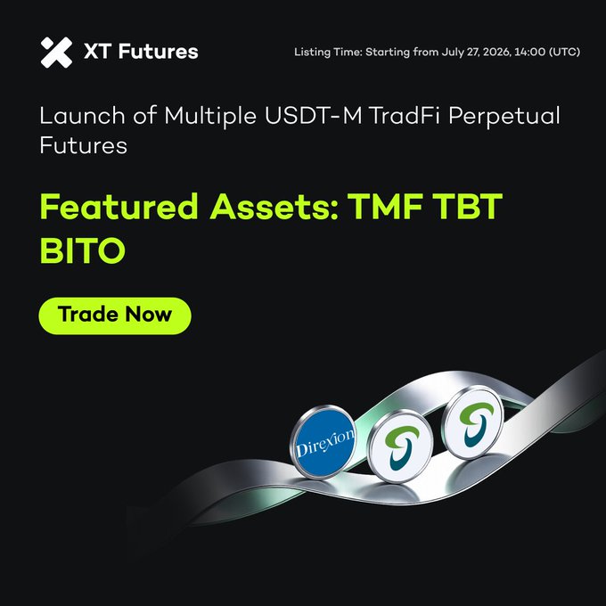 XT Futures announces the launch of multiple USDT-M TradFi Perpetual Futures, featuring TMF, TBT, and BITO as the highlighted assets, with listing starting July 27, 2026, at 14:00 (UTC).