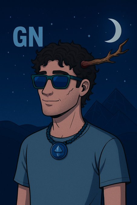 A cartoon-style portrait of a young man with curly hair, blue sunglasses, and an Ethereum pendant necklace, with antlers emerging from his head, a crescent moon in the background, and the text 'GN' in the top left.