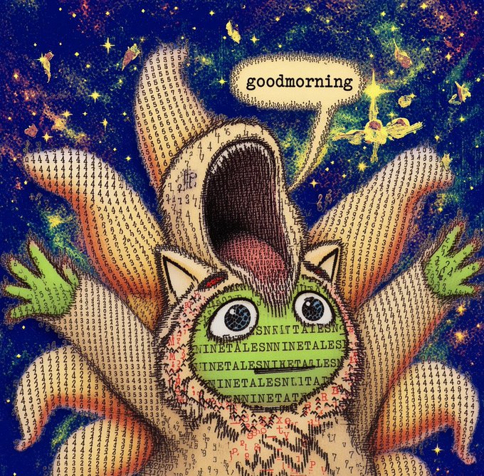 A surreal mixed-media illustration of a screaming cat-like figure made from text and numbers against a starry space background, with a speech bubble saying 'goodmorning'.