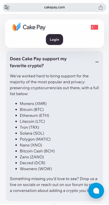 Screenshot of the cakepay.com website FAQ section listing supported cryptocurrencies including Monero (XMR), Bitcoin (BTC), Ethereum (ETH), Litecoin (LTC), Tron (TRX), Solana (SOL), Polygon (MATIC), Nano (XNO), Bitcoin Cash (BCH), Zano (ZANO), Decred (DCR), and Wownero (WOW).