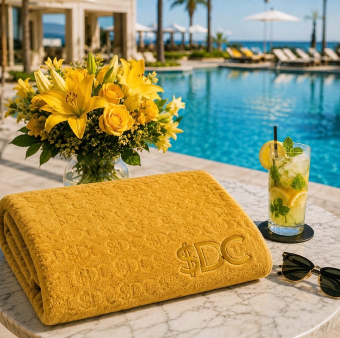 A luxury poolside scene featuring a folded yellow towel embroidered with '$DC', a bouquet of yellow lilies and roses, sunglasses, and a glass of lemonade with mint on a marble table.