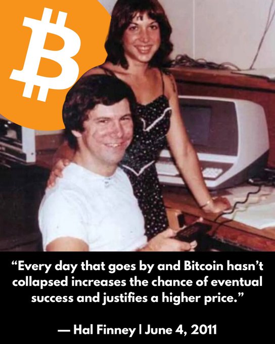 An old photograph of a smiling couple in front of an early computer, overlaid with a Bitcoin logo and a quote: "Every day that goes by and Bitcoin hasn't collapsed increases the chance of eventual success and justifies a higher price." — Hal Finney | June 4, 2011.