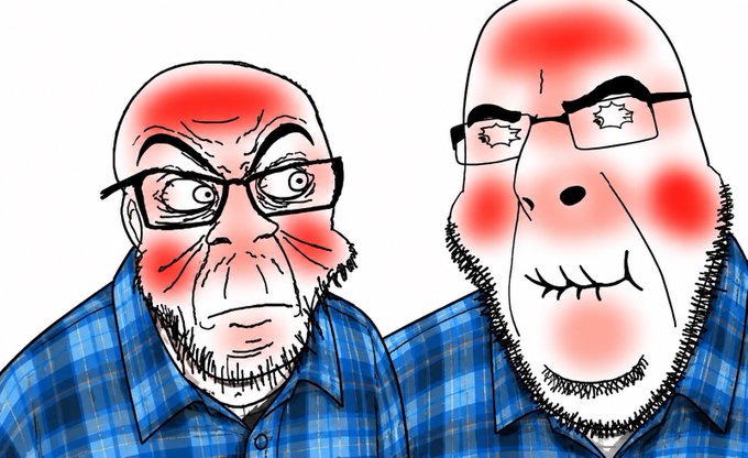 A cartoon drawing of two bald, bearded men with exaggerated red blushing cheeks wearing matching blue plaid shirts.