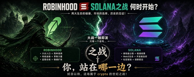 A fantasy-themed graphic comparing Robinhood and Solana, featuring a hooded reaper figure and the Solana logo with Chinese text asking 'Which side are you on?'