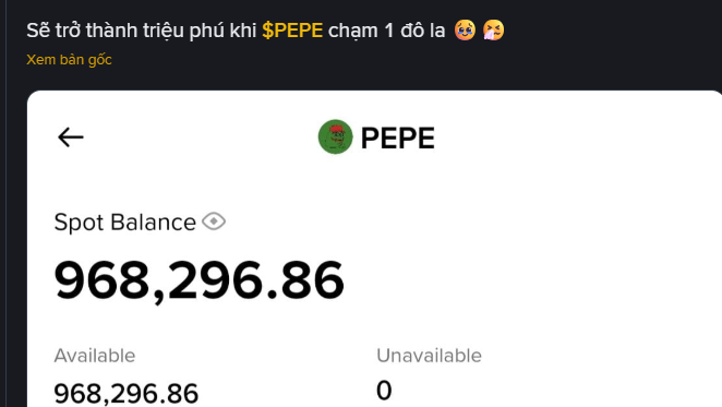 A screenshot showing a cryptocurrency wallet for PEPE token with a Spot Balance of 968,296.86, with Vietnamese text reading 'Sẽ trở thành triệu phú khi $PEPE chạm 1 đô la'.