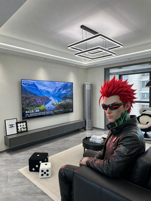 An anime-styled figure with spiky red hair and futuristic sunglasses sits on a black leather couch in a modern living room with a TV displaying a mountain landscape and giant dice on the floor.