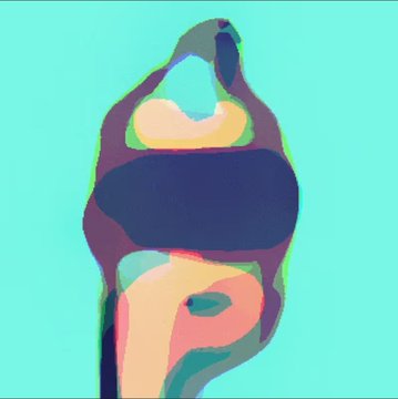 A pop-art style abstract painting of a female torso in vibrant purple, teal, orange, and yellow colors against a light blue background.