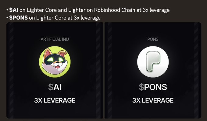 Promotional graphic announcing $AI on Lighter Core and Lighter on Robinhood Chain at 3x leverage, and $PONS on Lighter Core at 3x leverage, featuring tokens for 'ARTIFICIAL INU' ($AI) and 'PONS' ($PONS).