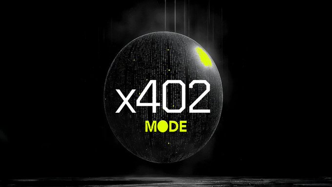 A dark, futuristic graphic displays the text "x402 MODE" centered within a wireframe sphere resembling the Death Star, symbolizing Mode's foundational role in the x402 protocol. The imagery conveys the massive, industry-altering scale of x402's adoption by major players like Google, AWS, Visa, and Coinbase, with Mode positioned as a core part of this rapidly forming infrastructure.