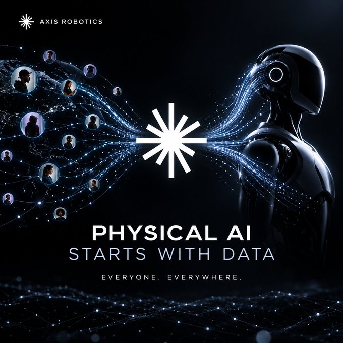 An advertisement for AXIS ROBOTICS featuring a metallic humanoid robot with light streams flowing between it and profile pictures of people, with the text 'PHYSICAL AI STARTS WITH DATA' and 'EVERYONE. EVERYWHERE.'