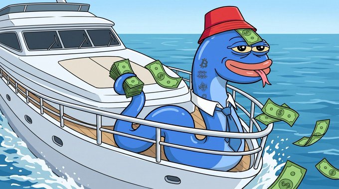 A cartoon illustration of a blue fish-like Pepe character wearing a red bucket hat, sitting on a yacht with money flying around.