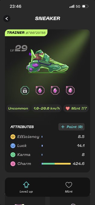 A screenshot from the STEPN GO app displays a "TRAINER #700729788" sneaker NFT at level 29, classified as Uncommon with a Charm score of 424.6. The image relates to the post by showcasing the specific digital shoe the user employs for "capsule walks" in the move-to-earn game.