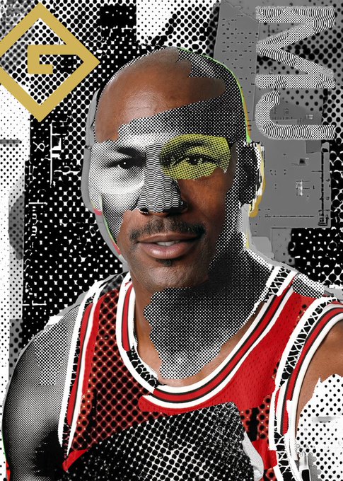 A portrait of a smiling bald man with a mustache wearing a red, white, and black basketball jersey, artistically overlaid with halftone textures and a yellow "G" logo, illustrating his announcement as Design Director at @GrailCo (grail.xyz).