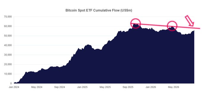 A chart titled 'Bitcoin Spot ETF Cumulative Flow (US$m)' showing a declining trend with two peaks circled in pink and a downward arrow indicating a drop.