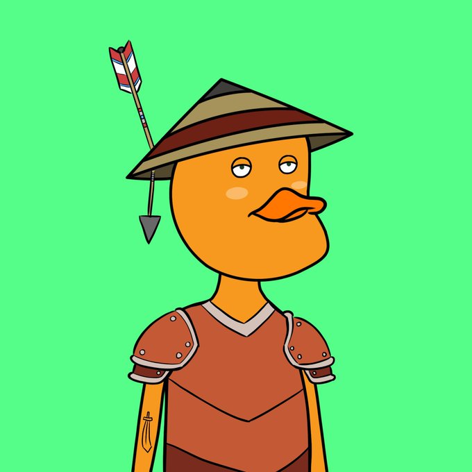 A cartoon illustration of a duck character wearing a straw hat and brown leather armor, with an arrow sticking out of the back of the hat, on a solid green background.
