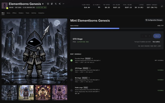 A webpage showing the Elementborns Genesis NFT mint on Magic Eden, with a floor price of $16.04, 9.99% Creator Fee, and mint schedule details including Founder, GTO, WL, and Public stages.