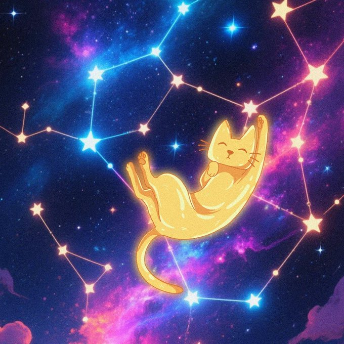 A golden cat floats peacefully among vibrant purple and blue nebulae, surrounded by star constellations that form a celestial feline shape, visually echoing the caption's "written in the stars" sentiment about $cets becoming the "gold standard" on BSC.