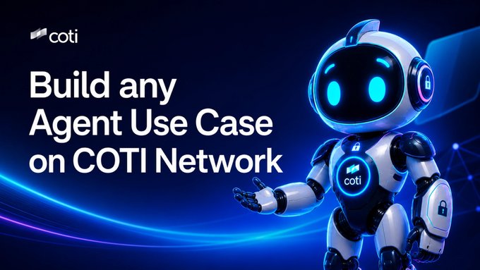 A futuristic robot mascot with glowing blue eyes stands beside the COTI logo and the text "Build any Agent Use Case on COTI Network." The image visually reinforces the post's message about the COTI Vibe Code Challenge, symbolizing the AI-powered agent applications developers can build, from trading and DeFi to private messaging and automation flows.