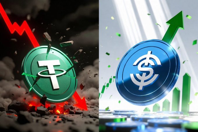 The image features two coins, one green and one blue, with a red arrow pointing towards them. The green coin has a white "T" on it, while the blue coin has a white "S" on it. Both coins are falling from a height onto a surface below. The post is about cryptocurrency trading, specifically discussing the difference between $USDC and $USDT. It seems that someone is trying to explain this concept using the visual representation of the falling coins in the image.