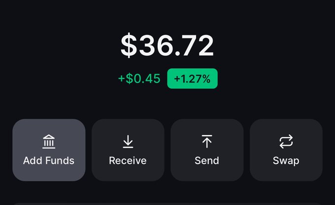 A cryptocurrency wallet app displaying a balance of $36.72, up +$0.45 (+1.27%) in green, with action buttons for Add Funds, Receive, Send, and Swap.