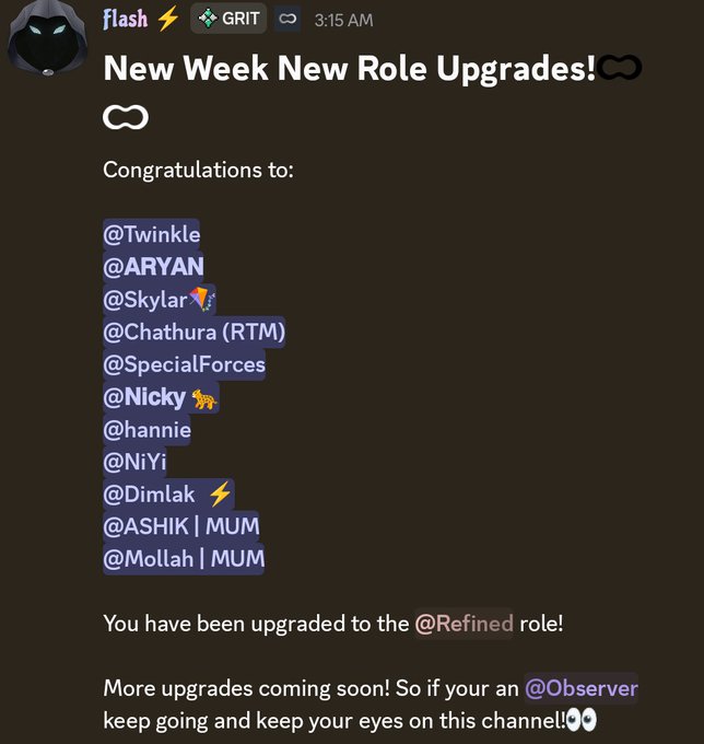 A Discord announcement titled 'New Week New Role Upgrades!' congratulates users (@Twinkle, @ARYAN, @Skylar, @Chathura (RTM), @SpecialForces, @Nicky, @hannie, @NiYi, @Dimlak, @ASHIK | MUM, @Mollah | MUM) on being upgraded to the @Refined role, posted at 3:15 AM.