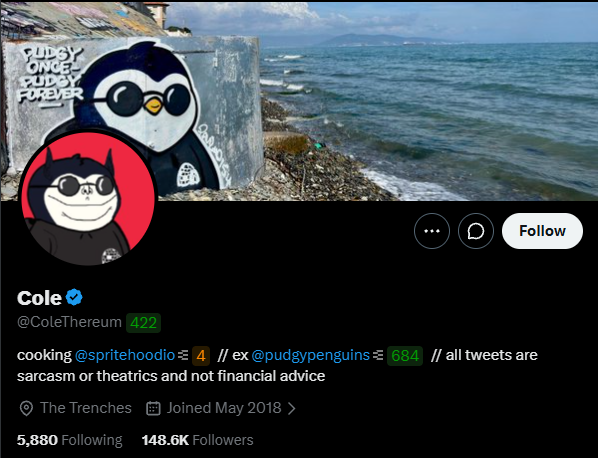 Twitter/X profile for 'Cole' (@ColeThereum) with 148.6K followers, featuring penguin graffiti artwork and bio text mentioning '@spritehoodie' and '@pudgypenguins'.