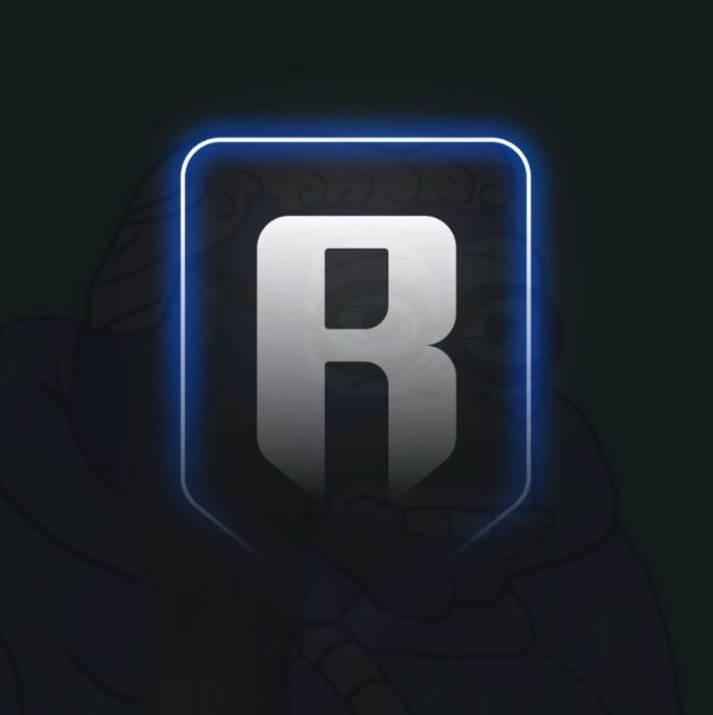 A dark logo featuring a stylized letter 'R' inside a shield outline with a blue neon glow, set against a faint background of a creature.