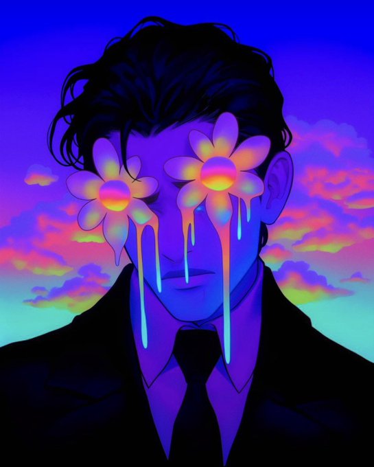 A digital illustration of a man in a suit with colorful melting daisy flowers covering his eyes, set against a surreal rainbow sunset sky.