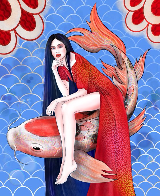 A digital illustration depicts a pale, dark-haired woman in a flowing red kimono sitting gracefully atop a large koi fish against a blue wave-patterned background with floral motifs. The artwork aligns with the post's promotion of a "Koi Fish" NFT piece priced at 0.03 ETH, fitting the Ethereum-themed Saturday artwork feature.