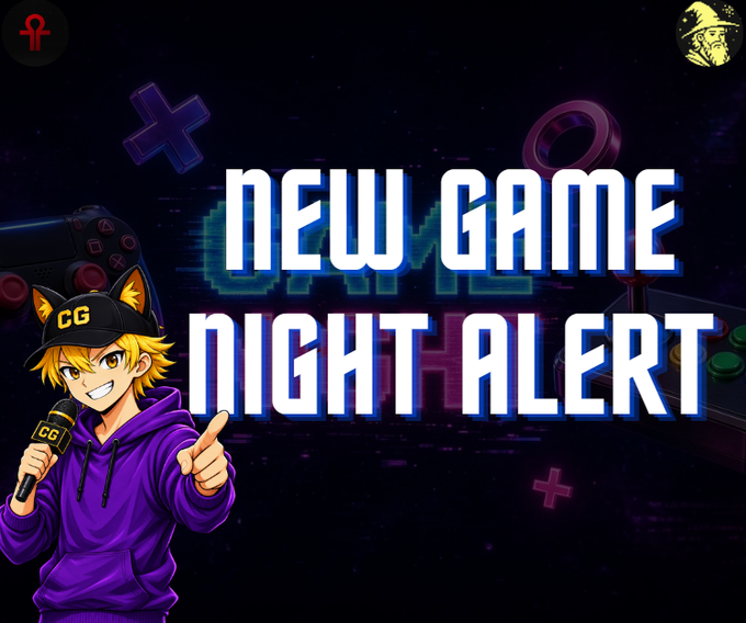 A vibrant promotional graphic reads 'NEW GAME NIGHT ALERT' next to an anime-style character with blonde hair and cat ears holding a microphone.