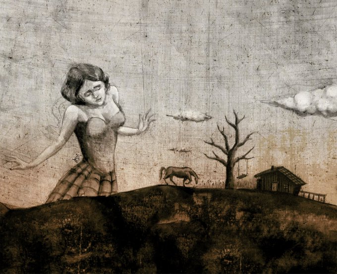 A muted, textured illustration depicting a giant woman in a dress standing over a hill where a horse, bare tree, and small house are visible beneath a cloudy sky.