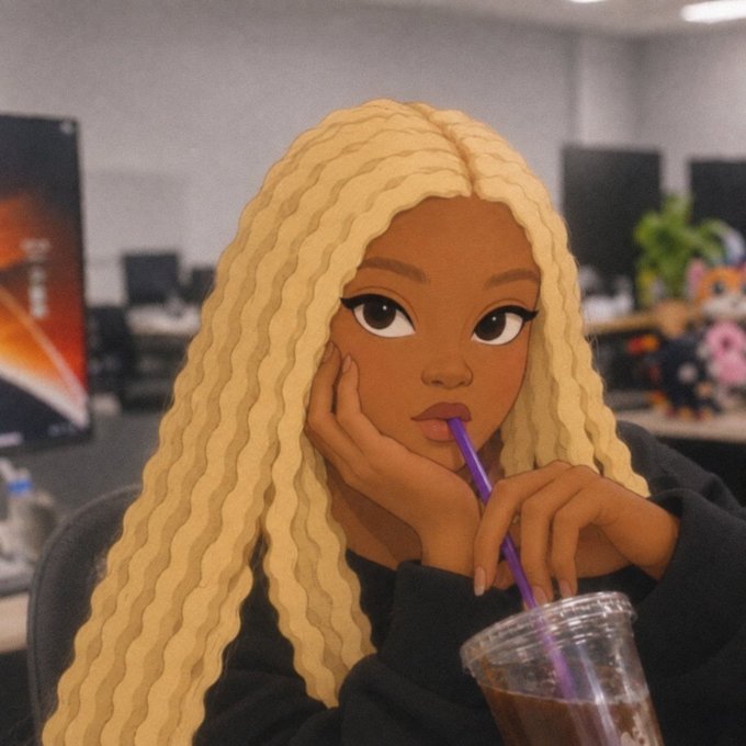 A digital cartoon-style avatar with long blonde wavy hair is overlaid on a person sipping a drink through a purple straw in an office setting.