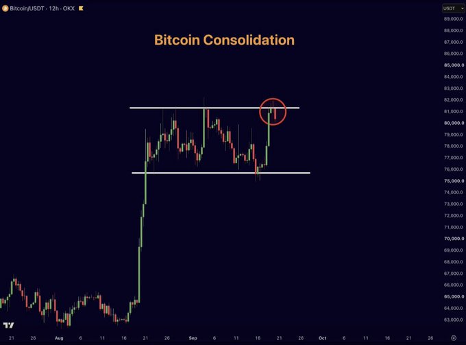 The image displays a 12-hour Bitcoin/USDT (OKX) candlestick chart titled "Bitcoin Consolidation," showing price action ranging roughly between $75,000 and $82,000 with a red circle highlighting a recent rejection near the $81,000 resistance level, visually reinforcing the poster's bullish narrative of a breakout setup after a consolidation phase to support their claim of dedication to making money in crypto.
