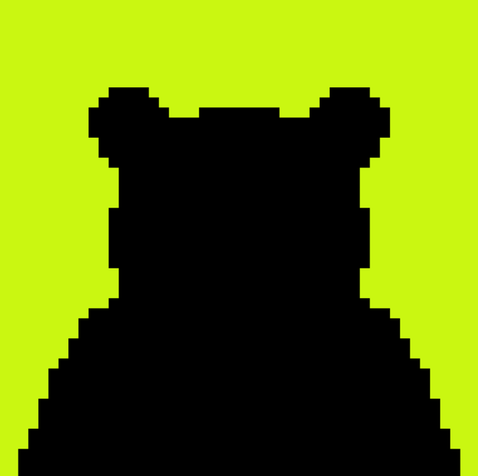 A pixelated black silhouette of a bear's head and shoulders on a bright green background.