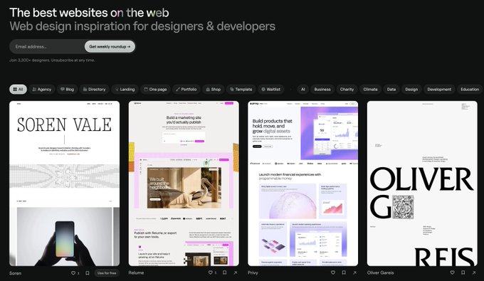 A screenshot of the website "Godly.website" featuring the header "The best websites on the web" and displaying various web design inspiration thumbnails including Soren, Relume, Pixsy, and Oliver Games.