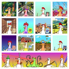 A collage of various colorful cartoon illustrations, including characters resembling chickens or birds in different scenes and settings.