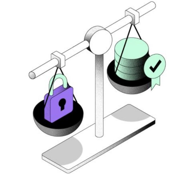 A digital illustration showing a balance scale weighing a purple padlock on one side and a stack of green coins with a checkmark on the other, resting on a smartphone.