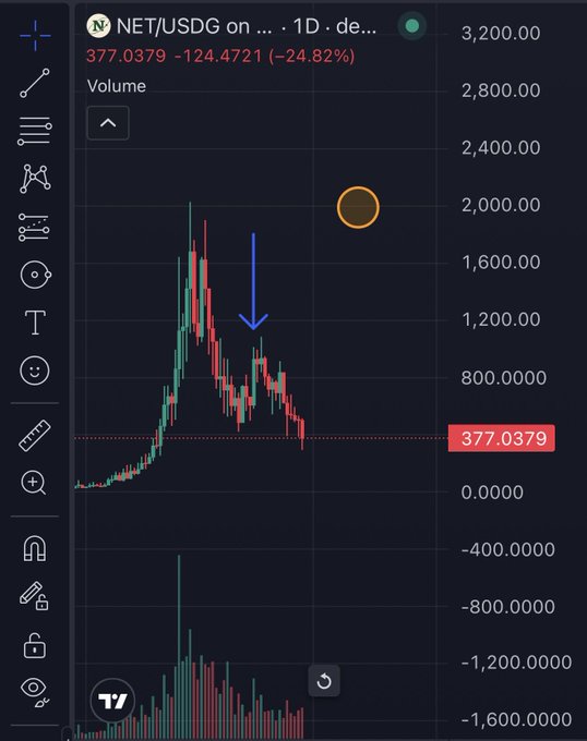 A TradingView chart shows NET/USDG on a daily timeframe, displaying a price down 24.82% to 377.0379, with a blue arrow highlighting the rejection point where the token failed to break out and reversed sharply downward, supporting the poster's criticism of the analyst's bullish call for new all-time highs.