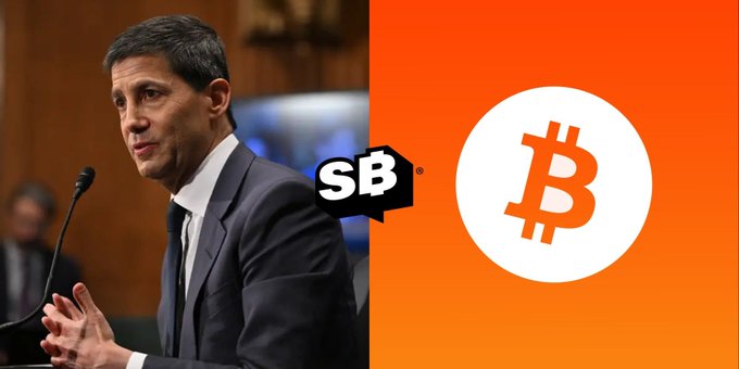 A composite image shows a suited man speaking at a hearing beside the SB and Bitcoin logos, with SB at the center divider.