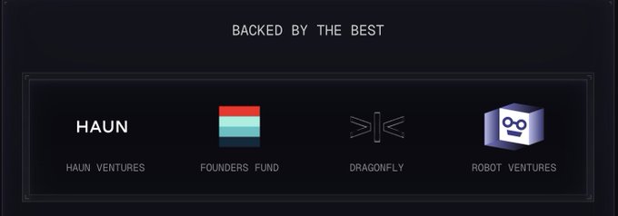 A dark banner displays "BACKED BY THE BEST" at the top, featuring four sponsor logos and names below: HAUN VENTURES, FOUNDERS FUND, DRAGONFLY, and ROBOT VENTURES. The image functions as a "Backed By" section likely from a cryptocurrency or Web3 project's website, though it appears unrelated to the accompanying post about market predictions with @risextrade.