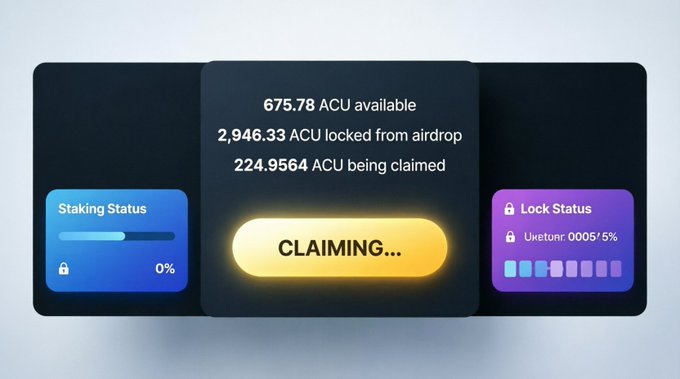 A dark-themed digital interface panel displays crypto wallet information including "675.78 ACU available", "2,946.33 ACU locked from airdrop", and "224.9564 ACU being claimed", with a large yellow "CLAIMING..." button in the center.